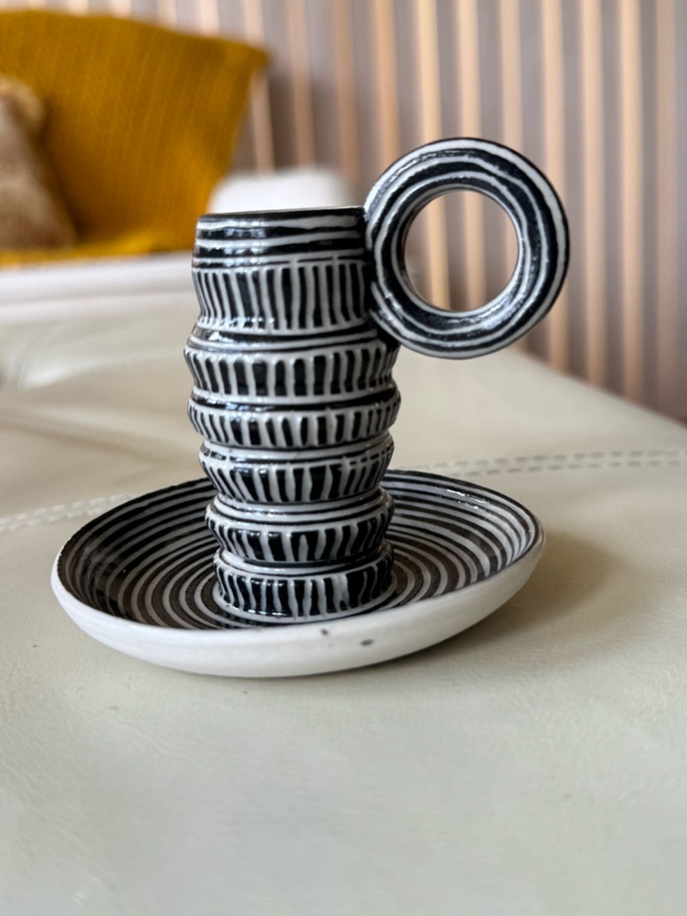Dana Bechert Ceramicist Handcrafted Black & White Striped Candle Holder